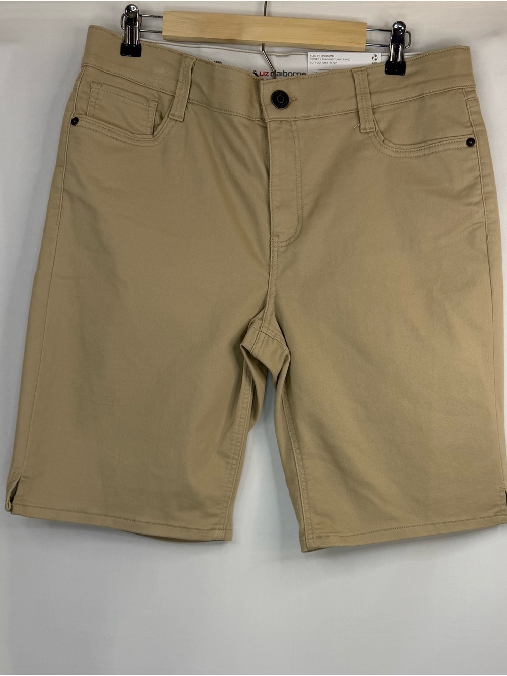Size 12 Liz Claiborne Sara Mid Rise Bermuda Slimming Shorts Khaki Tummy Control